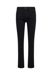 Black denim jeans with a slim fit, straight leg design, subtle stitching details, button closure, and front pockets.