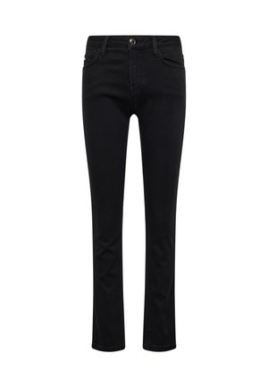 Jeans en denim noir avec une coupe slim, un design à jambe droite, des détails de couture subtils, une fermeture à bouton et des poches avant.