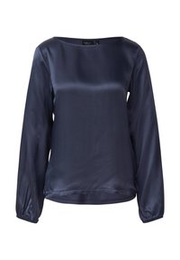 Donkerblauwe satijnen blouse met lange mouwen, ronde halslijn, zachte textuur en elastische manchetten. Glad oppervlak met een ontspannen pasvorm.