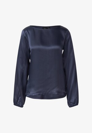 Blouse en satin bleu marine à manches longues, col arrondi, texture douce et poignets élastiques. Finition lisse avec une coupe décontractée.