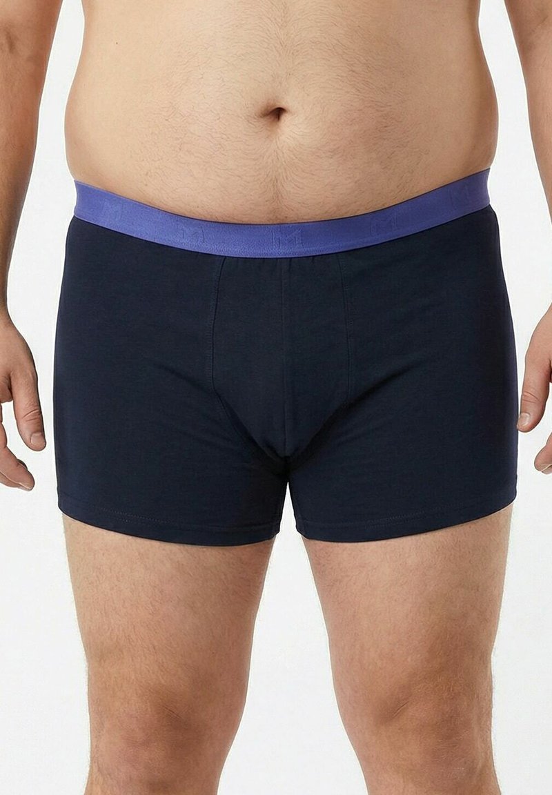 Torso masculin et parties supérieures des jambes portant un boxer noir avec une ceinture bleue, debout devant un fond uni.