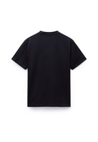 Sort T-shirt med korte ærmer lavet af bomuld, med rund halsudskæring og en ensfarvet ryg uden synlige logoer eller designs.