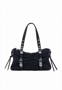 Tumesinis sinine kangast kott volditud disainiga, hõbedaste detailide ja mustade käepidemetega. Varustatud küljetalldude ja tõmblukuga kindlaks hoiustamiseks.