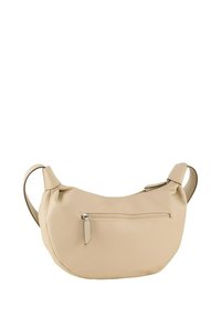 Borsa hobo in pelle beige con finitura testurizzata, due manici per spalla e una tasca frontale con zip. Forma arrotondata con design minimalista.