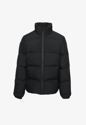 Giacca a vento nera con colletto alto, chiusura con zip e polsini elasticizzati. La superficie presenta un design trapuntato per l'isolamento e il calore.