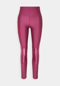 Doplněné legíny s vysokým pasem vyrobené z lesklého tmavě růžového materiálu. Vyznačují se hladkou texturou a kontrastními matnými panely na spodní �části nohavic.