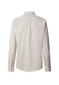 Camisa de manga larga en una tela color crema con un patrón de cuadrícula multicolor en amarillo y azul. Presenta un cuello clásico y puños abotonados.