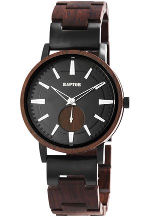 Men’s wristwatch with black and dark wood round face, white hour markers and hands, small seconds dial, and matching wood and black band.