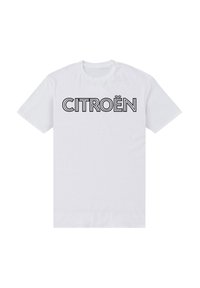 Bílé bavlněné tričko s nápisem "CITROËN" vyvedeným tučným černým konturovým písmem přes hruď, krátké rukávy a klasický kulatý výstřih.
