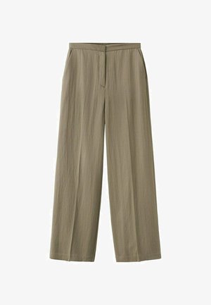 Svetlo rjave hlače z ravnimi hlačnicami, ravnim sprednjim delom, stranskimi žepi in skritim sprednjim zadrgo.