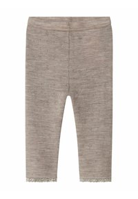 Grijze leggings met een patroon, gemaakt van een zachte stof en een decoratieve kantafwerking aan de onderrand. De stof heeft een subtiel, geweven ontwerp.