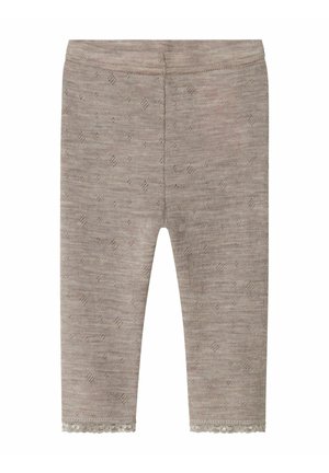 Leggings gris à motif avec une texture douce et un décor en dentelle à l'ourlet. Le tissu présente un motif tissé subtil.