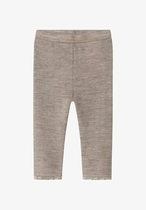 Leggings gris à motif avec une texture douce et un décor en dentelle à l'ourlet. Le tissu présente un motif tissé subtil.