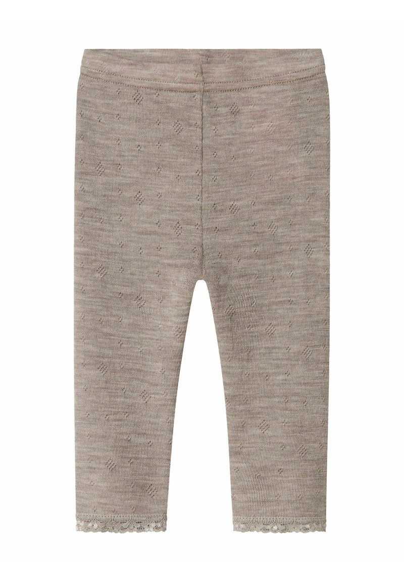Grijze leggings met een patroon, gemaakt van een zachte stof en een decoratieve kantafwerking aan de onderrand. De stof heeft een subtiel, geweven ontwerp.
