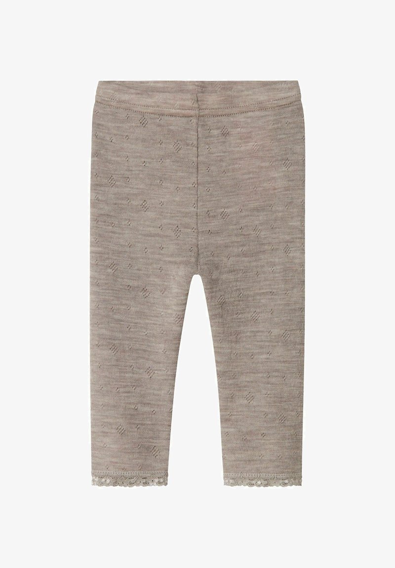 Grijze leggings met een patroon, gemaakt van een zachte stof en een decoratieve kantafwerking aan de onderrand. De stof heeft een subtiel, geweven ontwerp.