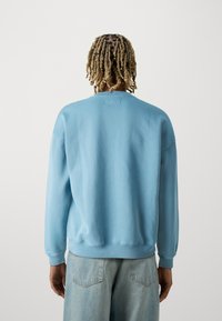 Felpa azzurra con colletto rotondo e maniche lunghe, polsini e orlo a coste. La vista posteriore mostra un design semplice con un piccolo etichetta del marchio vicino al colletto.