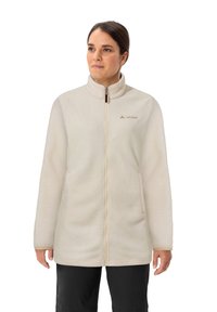 Fleecejack met een off-white kleur, hoge kraag, volledige rits, twee voorkruiken en een klein logo op de linkerkant van de borst. Zachte structuur.