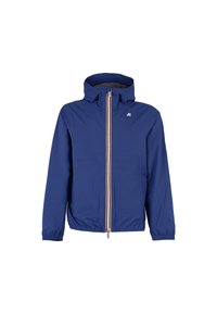 Giacca leggera blu con cappuccio, polsini elasticizzati e zip frontale con zip a contrasto. Logo distintivo nell'area sinistra del petto.