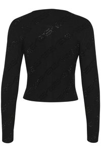 Black ribbed long-sleeve top with a cropped design, featuring a textured pattern and subtle metallic accents throughout.
