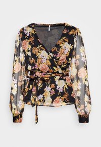 Schwarze Blumen-Wickelbluse mit langen, durchsichtigen Ärmeln; verfügt über Muster von gelben, rosa und orangefarbenen Rosen, eine Taillierung mit Bindegürtel und einen tiefen V-Ausschnitt.