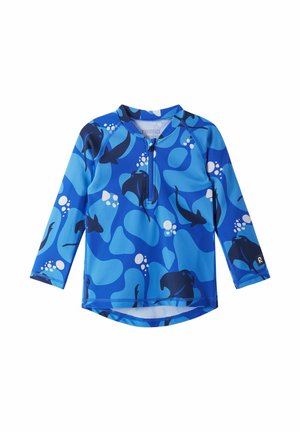 Niebieska koszulka do pływania z długim rękawem z ciemnoniebieskimi wzorami rekina i bąbelków oraz kołnierzem z zamkiem błyskawicznym na przodzie.
