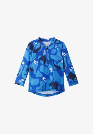 Niebieska koszulka do pływania z długim rękawem z ciemnoniebieskimi wzorami rekina i bąbelków oraz kołnierzem z zamkiem błyskawicznym na przodzie.