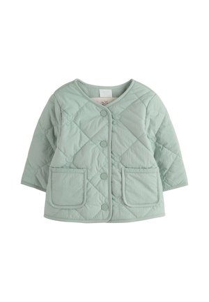 Hellgrüne gesteppte Babyjacke mit rundem Ausschnitt, Druckknopfverschluss, langen Ärmeln und zwei aufgesetzten Fronttaschen.