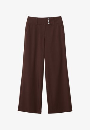 Pantalons bouffants marron en tissu lisse, dotés de deux poches latérales et d'une taille avec trois boutons décoratifs.
