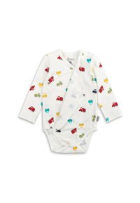 Weißer Langarm-Bodysuit mit bunten Mustern von Lastwagen und Autos in Rot, Blau, Grün und Gelb. Druckknopfverschluss an der Seite.