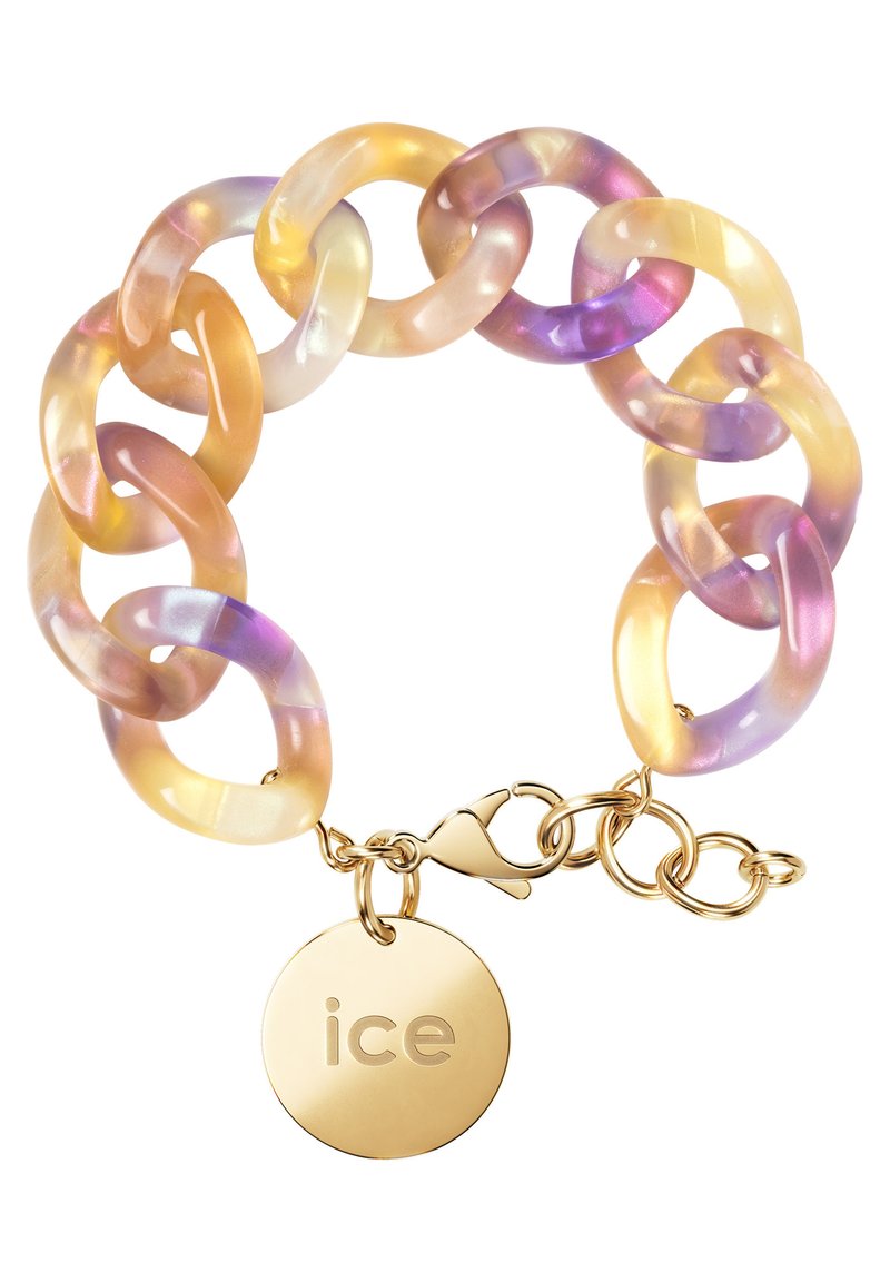 Bracciale a catena traslucido realizzato con anelli acrilici multicolore nelle tonalità di viola, arancione e giallo, dotato di una chiusura e un'etichetta in tonalità dorata.