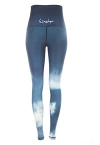 Højtaljede blå leggings med et sky-mønster, lavet af strækstof. Har et logo ved taljen og glatte syninger.