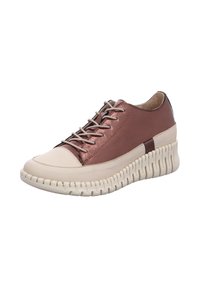 Lace-up sneaker featuring a metallic rose upper and cream rubber sole with a textured wavy design. Rounded toe and smooth leather accents.