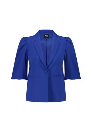Helderblauwe blazer met opbollende korte mouwen, notch-lapels, enkele knoopsluiting en twee voorzakken. Glad, op maat gemaakt stof.