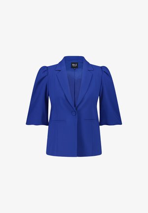 Helderblauwe blazer met opbollende korte mouwen, notch-lapels, enkele knoopsluiting en twee voorzakken. Glad, op maat gemaakt stof.