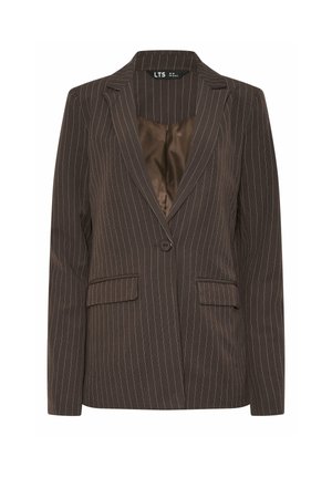 Mørkebrun blazer med enkelt knap, tynde hvide lodrette nålestriber, hakede revers og lommer med klapper.