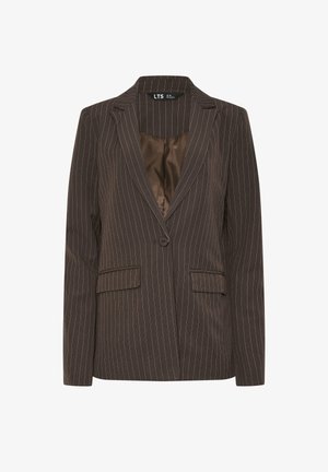 Tummanruskea yksirivinen bleiseri, jossa ohuet valkoiset pystysuorat viirut, lovitetut kaulukset ja läppätaskut.