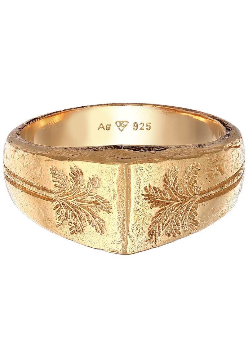 Anello color oro con superficie texturizzata, decorato con motivi a foglia incisi sui lati e interno liscio e lucido. Marcato "Ag 925".