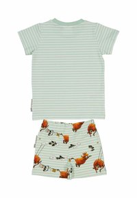 Ljusgrön randig kortärmad skjorta med rundad halsringning, parat med matchande shorts som har lekfulla tryckta gårdsdjur och moln.