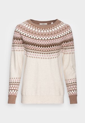 Pull crème avec des motifs géométriques marron, rose et blancs sur le yoke, les manches et les poignets, avec un col rond et un ourlet côtelé.