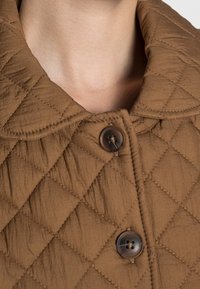 Braune gesteppte Jacke mit hohem Kragen. Verfügt über einen Knopfverschluss, eine glatte Textur und ein schräges Steppmuster.