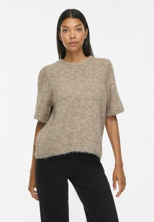 VILA, KNITTED TOP VIMARLEY SHORT SLEEVED - Camiseta básica - natural melange