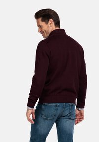 Pull en maille bourgogne avec un col, des poignets et une taille côtelés, associé à un jean en denim bleu. Le modèle est légèrement tourné, montrant la vue arrière.
