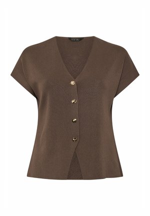 Braunes kurzärmeliges Strickoberteil mit V-Ausschnitt, vier goldenen Knöpfen vorne und einem kleinen Schlitz am Saum vorne.