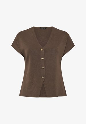 Braunes kurzärmeliges Strickoberteil mit V-Ausschnitt, vier goldenen Knöpfen vorne und einem kleinen Schlitz am Saum vorne.