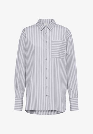 Camicia a maniche lunghe grigia a righe con colletto, chiusura davanti con bottoni e una tasca sul petto con righe orizzontali. Tessuto morbido.