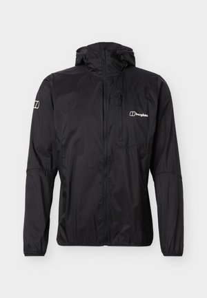 Schwarze leichte Kapuzenjacke mit durchgehendem Frontreißverschluss, Reißverschlusstasche auf der Brust, elastischen Bündchen und Berghaus-Logo auf Brust und Ärmel.