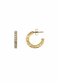 Zelta riņķveida auskari ar caurspīdīgiem rhinestones maliņā un izgravētu "Furla 1927" detaļu. Cirkulāra forma ar drošu aizdari.