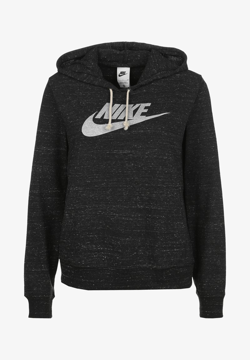 Black hoodie with a textured finish, drawstring hood, and a large silver Nike logo on the front. Features ribbed cuffs and hem.