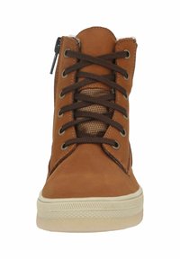 Brown leather ankle boots with round toe, brown laces, mesh accents, and a cream-colored rubber sole. Side zipper detail.