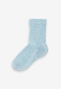 Calzino a coste di colore azzurro chiaro realizzato in materiale morbido, con un design a maglia fitta, un polsino elastico e una superficie liscia.